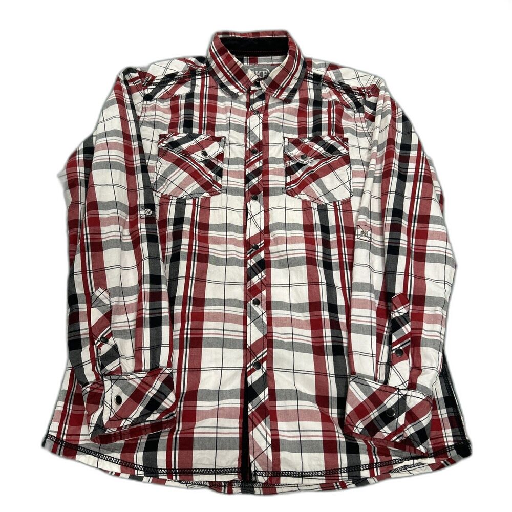 BKE Western Shirt Mens Small Red White Plaid Pearl Snap Standard Fit Flap Pocket